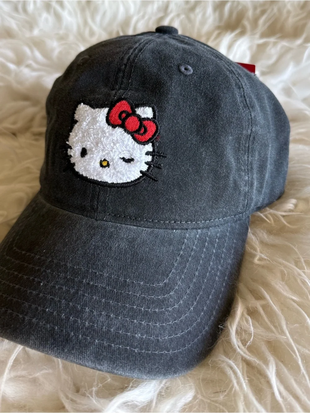 Hello Kitty Sanrio Black Denim wash embroidery Baseball Cap Hat*NWT